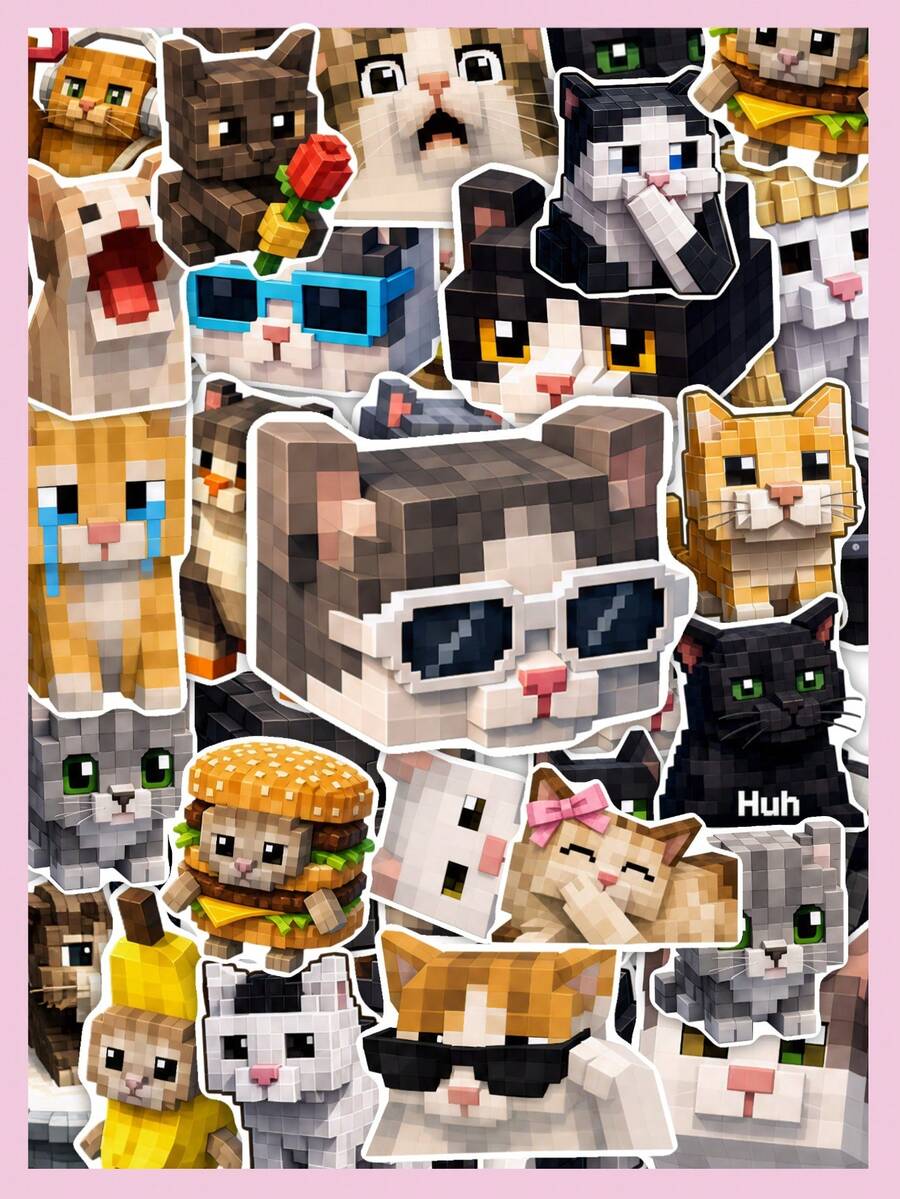 Pixel Cat Meme Scrapbook Stickers 50Pcs, Cute Expression Block Kitten Waterproof Decor Sticker - Multicolor - View 1