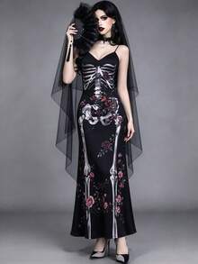 Black & White Skull Rose Long Dress - V-Neck Spaghetti Strap Fitted Slip Dress, Gothic Style Halloween Costume - Black - View 8