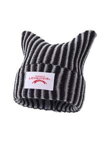 1pc Men's Fashion Versatile Striped Letter Patchwork Horn Knit Beanie Hat, Warm Woolen Cap For Autumn/Winter Daily Wear And Outfits - A - View 3