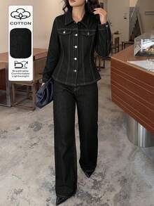 Women's New Solid Color Washed Denim 2-Piece Set, Includes Lapel Button Front Jacket And Wide Leg Jeans, Casual Non-Stretch Fashion Style - Dark Wash - View 3