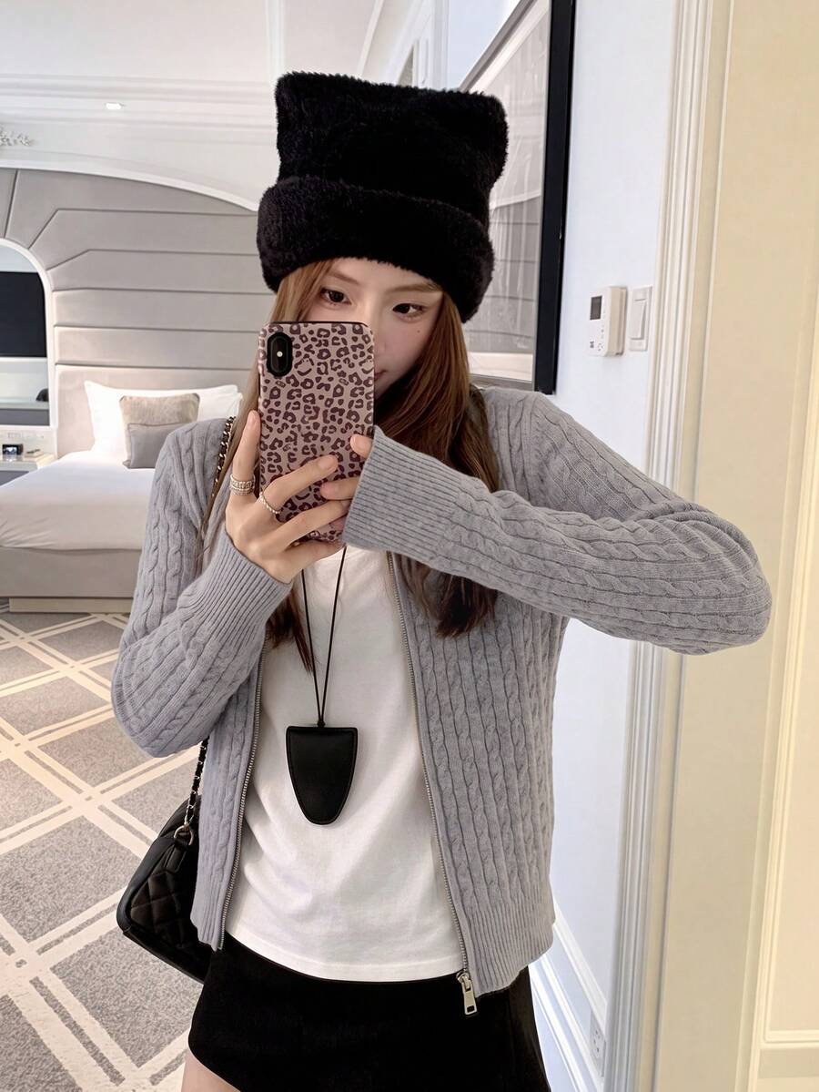 Women's Autumn/Winter Cable Knit Long Sleeve Zipper Front Casual Cardigan - Gray - View 1
