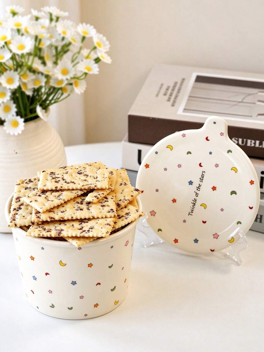 1 Set, Ceramic Ramen Bowl, Cookie Jar With Lid, Star & Moon Pattern Design - Ideal For Storing Snacks, Candies, Soup, Desserts, Great Gift For Valentine's Day, Anniversary - Multicolor - View 1