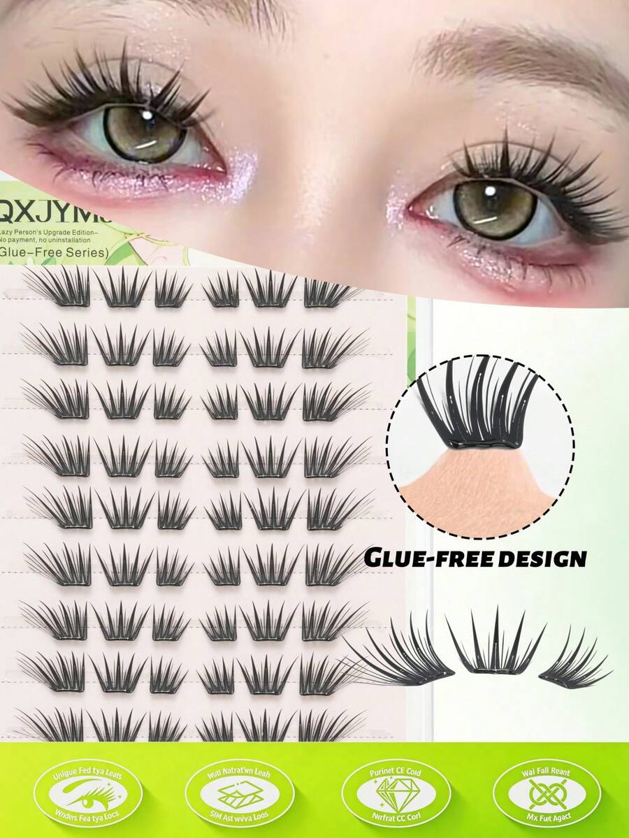 60pcs Glue-Free False Eyelashes, Korean Style, C/D Curl, No Glue Needed, Easy DIY, Beginner Friendly, Reusable, Transparent Stem With Invisible Thin Band, Suitable For Daily Commute, Dating And Various Occasions - C/D MIX - View 1