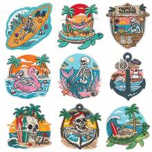 Vintage Beach Skull Embroidery Patch, Mermaid Skull Surfing Patch, Denim Jacket Backpack DIY Iron-On Patch - Multicolor - View 1