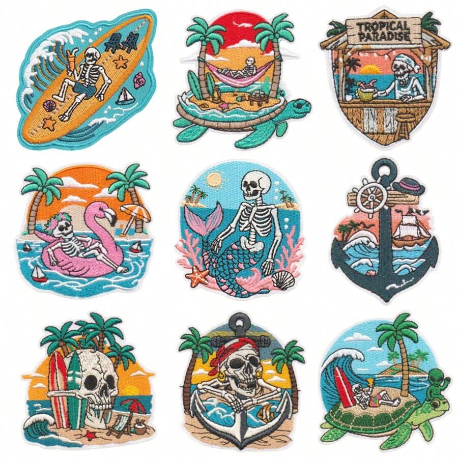 Vintage Beach Skull Embroidery Patch, Mermaid Skull Surfing Patch, Denim Jacket Backpack DIY Iron-On Patch - Multicolor - View 1