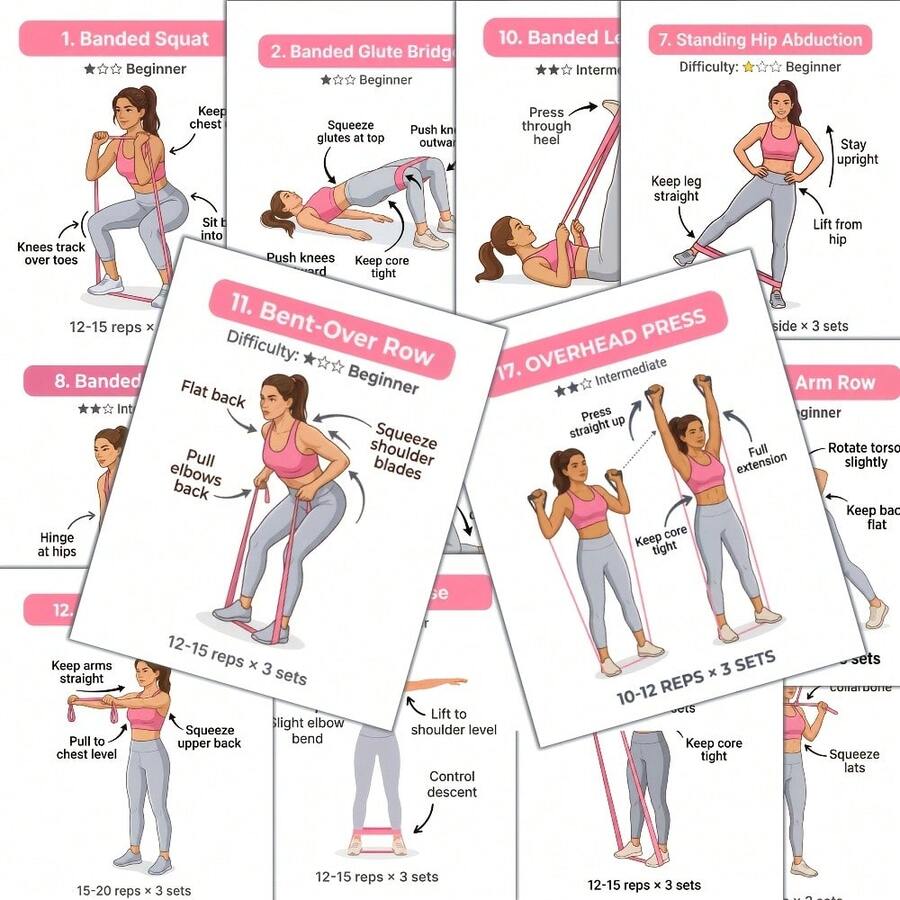 30 Resistance Band Training Cards - Illustrated Step-By-Step Workout Guide Set | Home Fitness & Travel Full Body Strength Training Flashcards - Sets - View 1