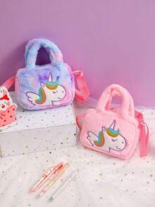 1pc Little Girl Unicorn Embroidery Decor Tie-Dye Solid Color Plush Adjustable Shoulder Strap Large Capacity Cute Handbag Crossbody Bag Suitable For Daily Party Holiday Gift - Multicolor - View 1