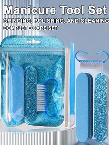 Blue Beginner Nail Buffing & Cuticle Removal Tool Set, Easily Complete Manicure, Buffing, Cleaning Process, Suitable For Sweet Girls, Students, Nail Enthusiasts, Home Manicure, Travel Carry, Tool Accessories, Nail Auxiliary Tools, Cuticle Care Tools - Blue - View 1
