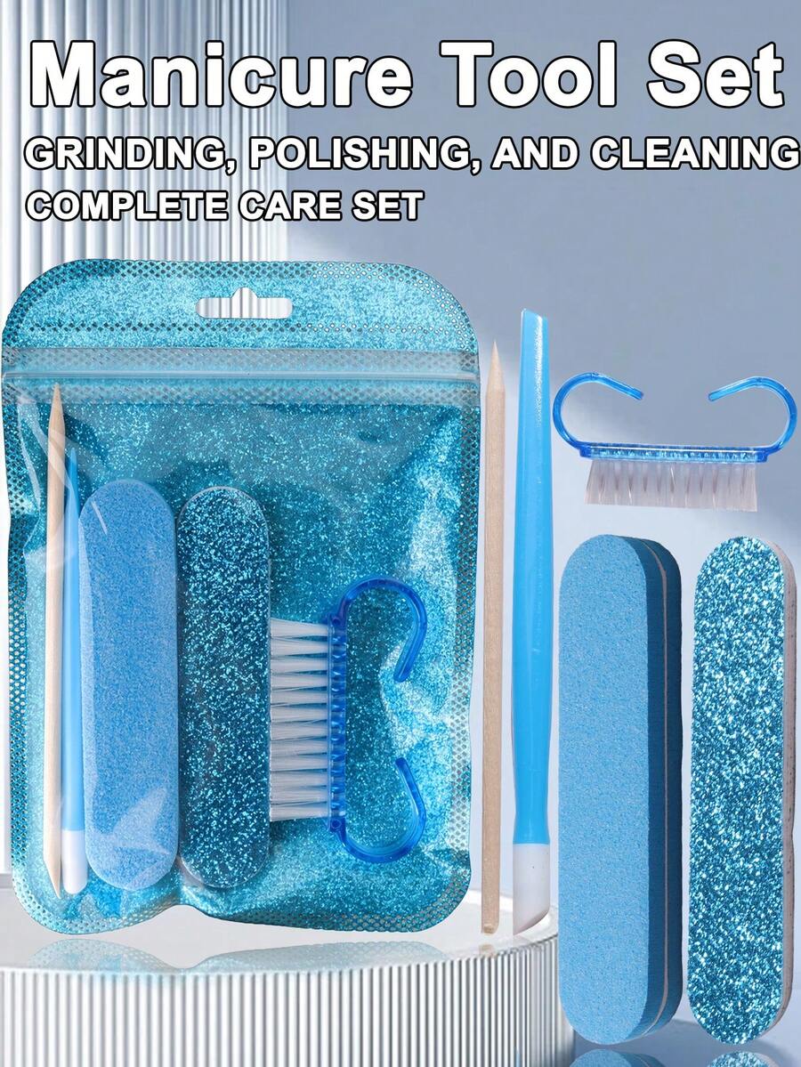 Blue Beginner Nail Buffing & Cuticle Removal Tool Set, Easily Complete Manicure, Buffing, Cleaning Process, Suitable For Sweet Girls, Students, Nail Enthusiasts, Home Manicure, Travel Carry, Tool Accessories, Nail Auxiliary Tools, Cuticle Care Tools - Blue - View 1
