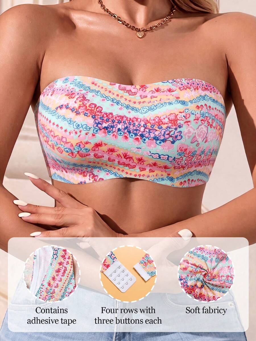 1pc Strapless Bandeau Bra, Heart & Floral Print Wireless Thick Padded Push-Up Bra, Back Closure Non-Slip Seamless Summer Lingerie - Hot Pink - View 1