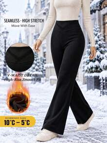 Women's Seamless Autumn Fashion Minimalist Wide Leg Pants, Winter High Waist Tummy Control Thermal Lined Long Pants - Black - View 2