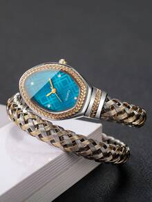 Women's Luxury Rhinestone Snake-Shaped Bracelet Watch, Woven Metal Double-Loop Band With Rhinestone Plaid Dial, Niche Fashion Quartz Wristwatch (1pc/Set), Watch Box Not Included - Multicolor - View 7