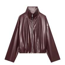 Women's Faux Leather Jacket, Zipper Vintage PU Motorcycle Jacket, Solid Color Casual Autumn Jacket - Burgundy - View 6