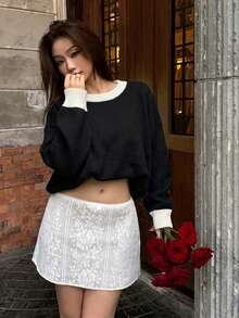 Sweater Rajut Wanita Warna Hitam dengan Kerah Putih Kontras, Potongan Longgar Pendek, Lengan Panjang Raglan, Manset Bergaris, Pakaian Kasual Musim Gugur dan Musim Dingin - Hitam - View 4