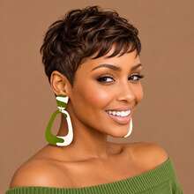 1B Black, 99J Burgundy, 4# Brown Colorful Brazilian Human Hair Short Pixel Wig, Suitable For Daily Fashion Layered Short Hair With Bangs, No Front Band, Ready-To-Wear Human Hair Wig - Multicolor - View 9