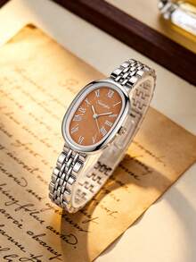 1pc Women's Elegant Oval Quartz Watch, Silver Alloy Case And Strap, Fashionable Brown Roman Numeral Dial, Suitable For Daily Wear And Gifting - Coffee Brown - View 2