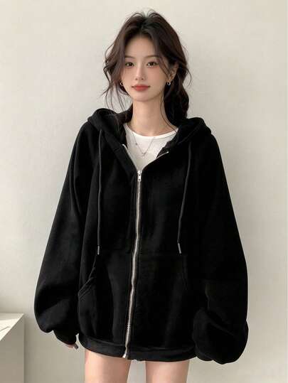 YCYC Women's Autumn/Winter Solid Color Raglan Long Sleeve Casual Loose Drawstring Fleece Sweatshirt