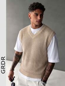 GRDR Men's Summer Ribbed V-Neck Knit Vest Short Sleeve, Suitable For Summer Business Gatherings, Minimalist And Versatile - Apricot - View 3