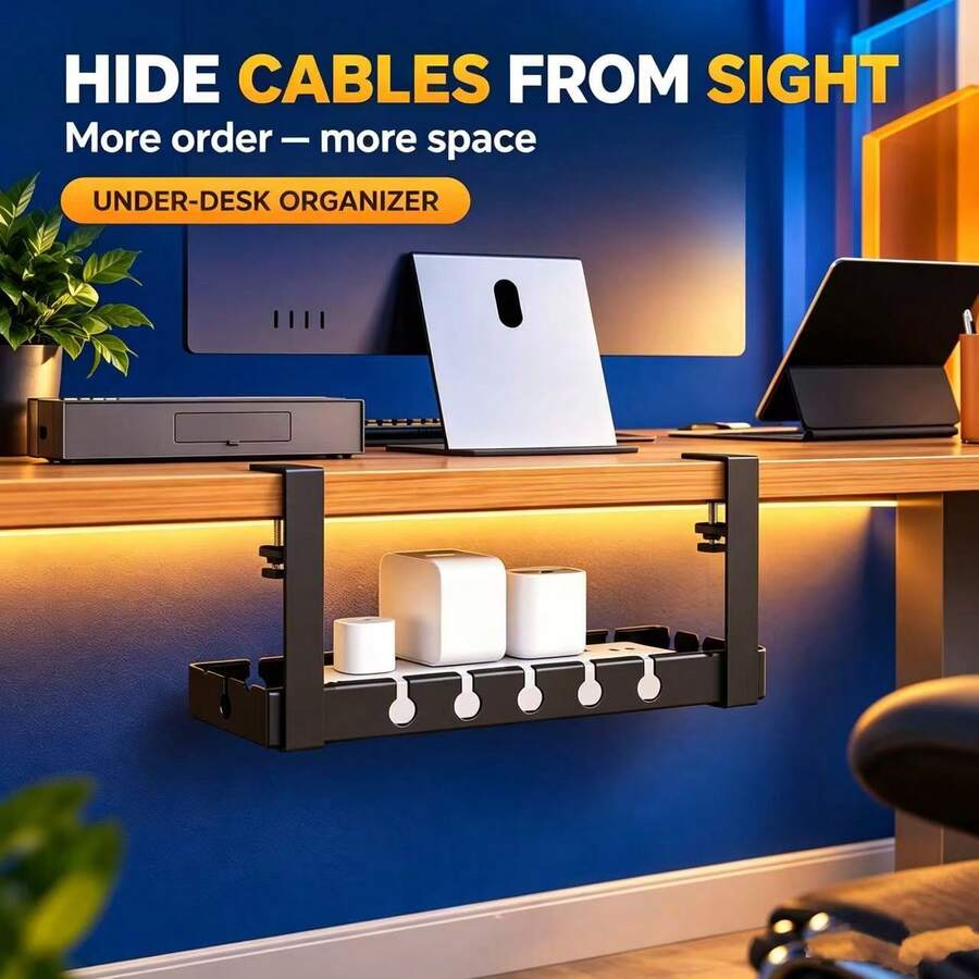 Upgraded Drill-Free Desktop Cable Management Tray, Home Storage Organizer - Suitable For Organizing Cables, Power Strip Bracket, And Comes With Cable Ties And Mounting Clips. Wall-Mounted Hidden Cable Channel Rack, Desktop Organizer Storage Shelf, Router And Data Cable Bracket, Cable Management Box. Perfect For Home, Office, Desk, Bedroom And Living Room Use. - View 1