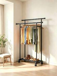 Rolling Metal Garment Rack, Double‑Bar Freestanding Clothes Hanging Rack With Wheels & Side Hooks For Bags, Bedroom Storage Organizer" - A - View 9