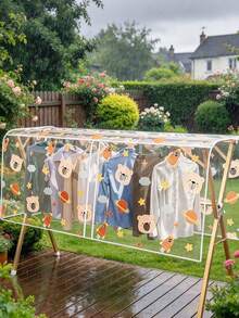 1pc Outdoor Clothes And Blanket Drying Cover - Waterproof Bird-Proof EVA Plastic Dust Cover, With Double-Pole Balcony Frame, No Power Required For Clothes Storage And Drying, Multi-Purpose Rectangular Design, Balcony Storage Rack, Playful Pattern Design, Sturdy Pole Support, Suitcase - Multicolor - View 3