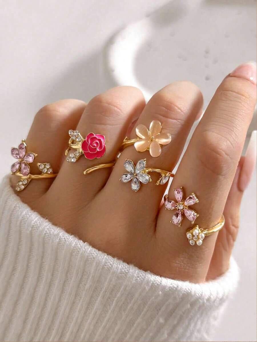 4pcs/Set Lovely Pink Rose Flower Adjustable Rings, Faux Pearl Diamond Decor Five-Petal Floral Ring Set For Women - Multicolor - View 1