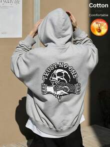 Men's Fleece Hooded Sweatshirt, Skull, Snake Holding And "Trust No One" Print, Y2K Style, Autumn/Winter - Floral Gray - View 2