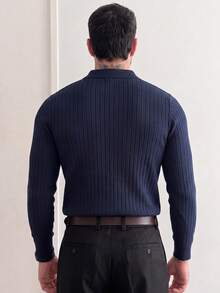 男士秋冬時尚羅紋肩部飛機領長袖毛衣，商務/休閒必備 POLO 領毛衣 - 藏蓝色 - 查看 3
