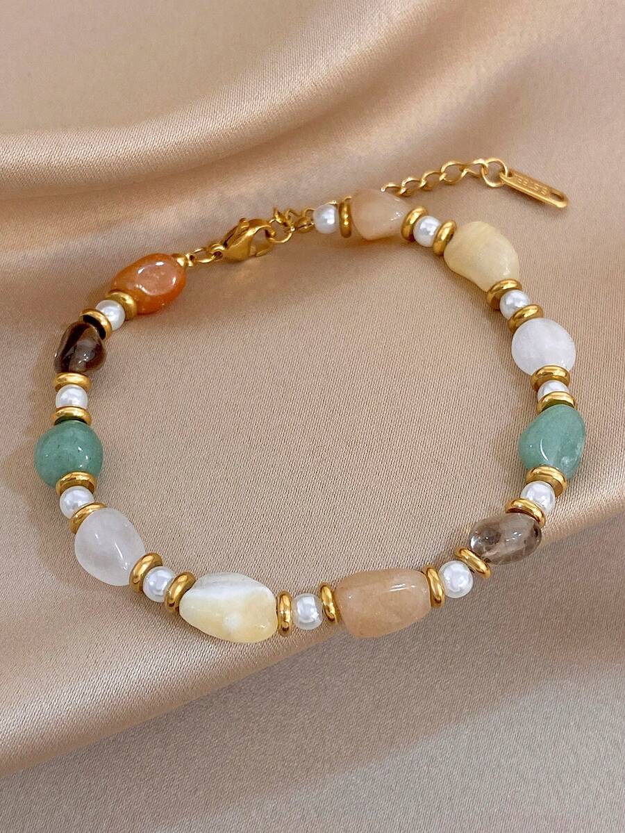 Vòng tay nữ phong cách Boho Vintage phối đá tự nhiên nhiều màu hình dáng bất đối xứng và hạt spacer mạ vàng, đeo hàng ngày/đi tiệc, quà tặng Giáng Sinh/Sinh nhật/Y2K/Halloween/Mùa thu - Nhiều màu - Xem 1
