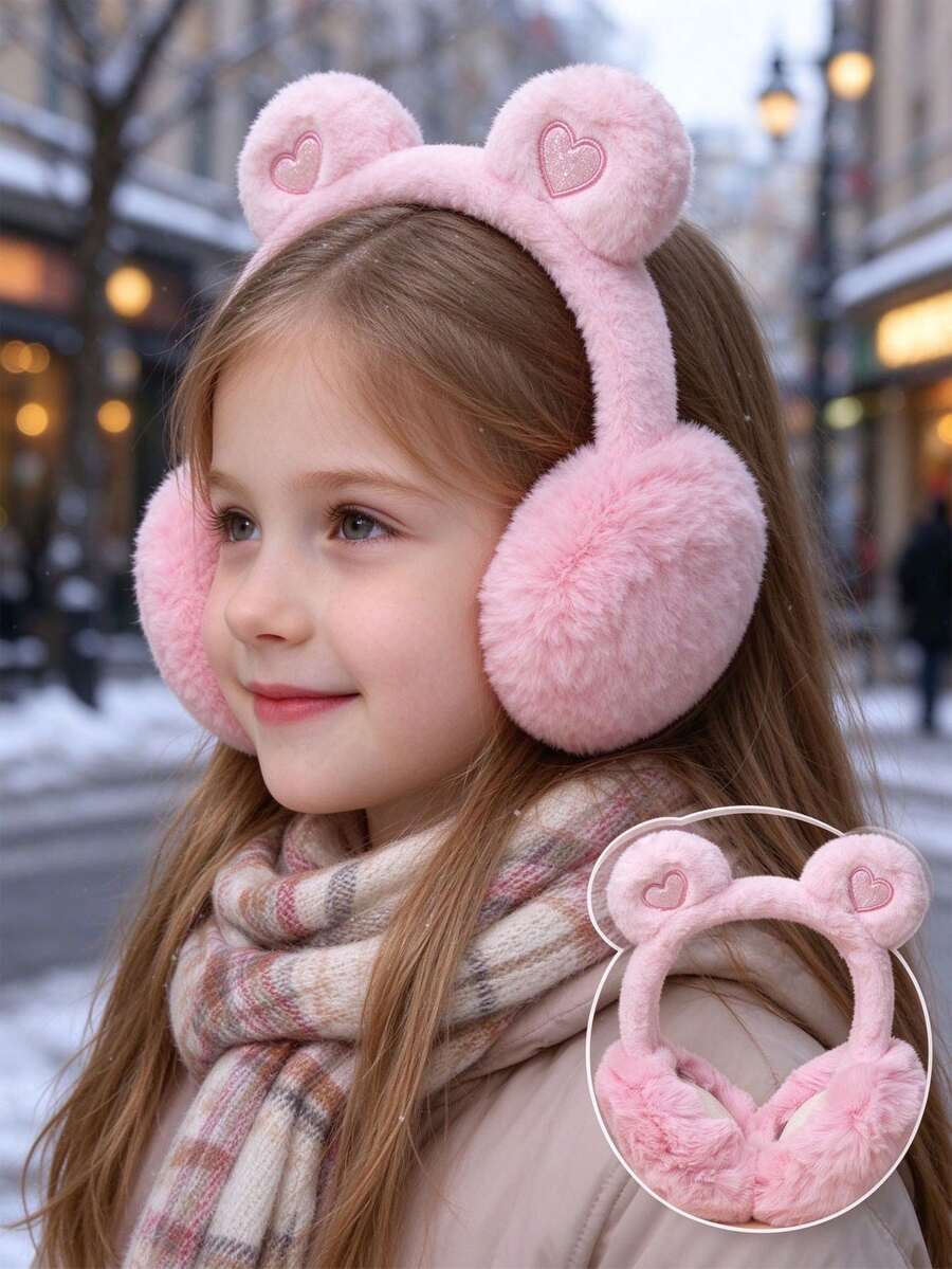 Cute Bear Ear Plush Earmuffs, Shiny Heart Embroidery Winter Warm Foldable Ear Muffs For Girls, Soft Faux Fur Cold Weather Ear Warmer - Multicolor - View 1