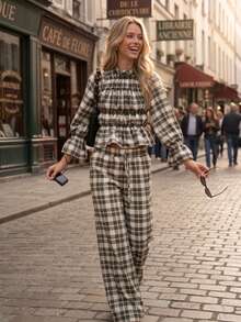 Women's Casual Green Plaid 2 Pieces Set, Stand Collar Ruffle Hem Top With Wide Leg Pants, Comfortable Casual Fashion Daily Outfit - Green - View 1
