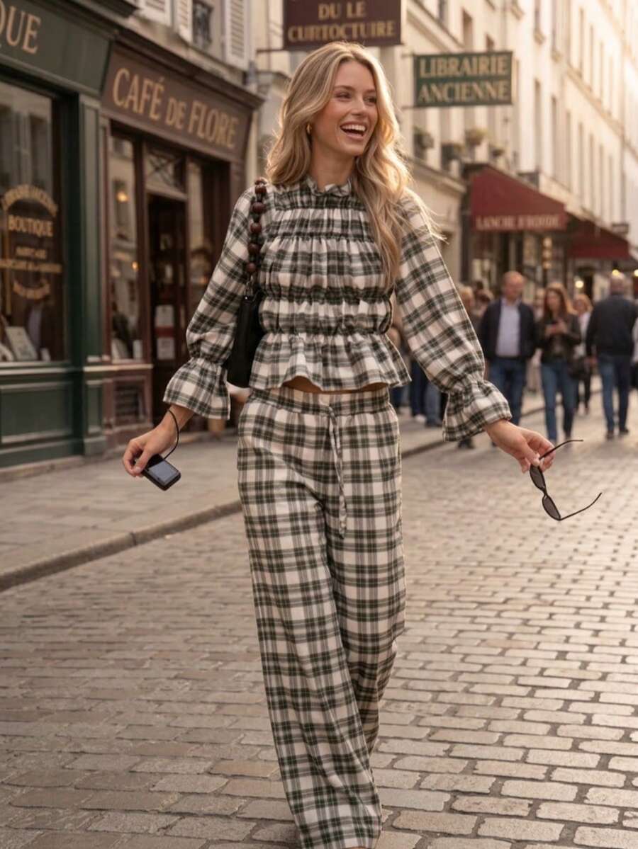 Women's Casual Green Plaid 2 Pieces Set, Stand Collar Ruffle Hem Top With Wide Leg Pants, Comfortable Casual Fashion Daily Outfit - Green - View 1