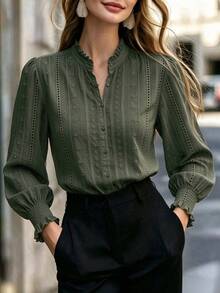 Women's Bohemian Style Solid Color Lace Semi-Sheer White Long Sleeve Stand Collar Ruched Button Blouse, Suitable For Home, Office, Vacation, Holiday, Spring, Autumn, Winter - Army Green - View 7