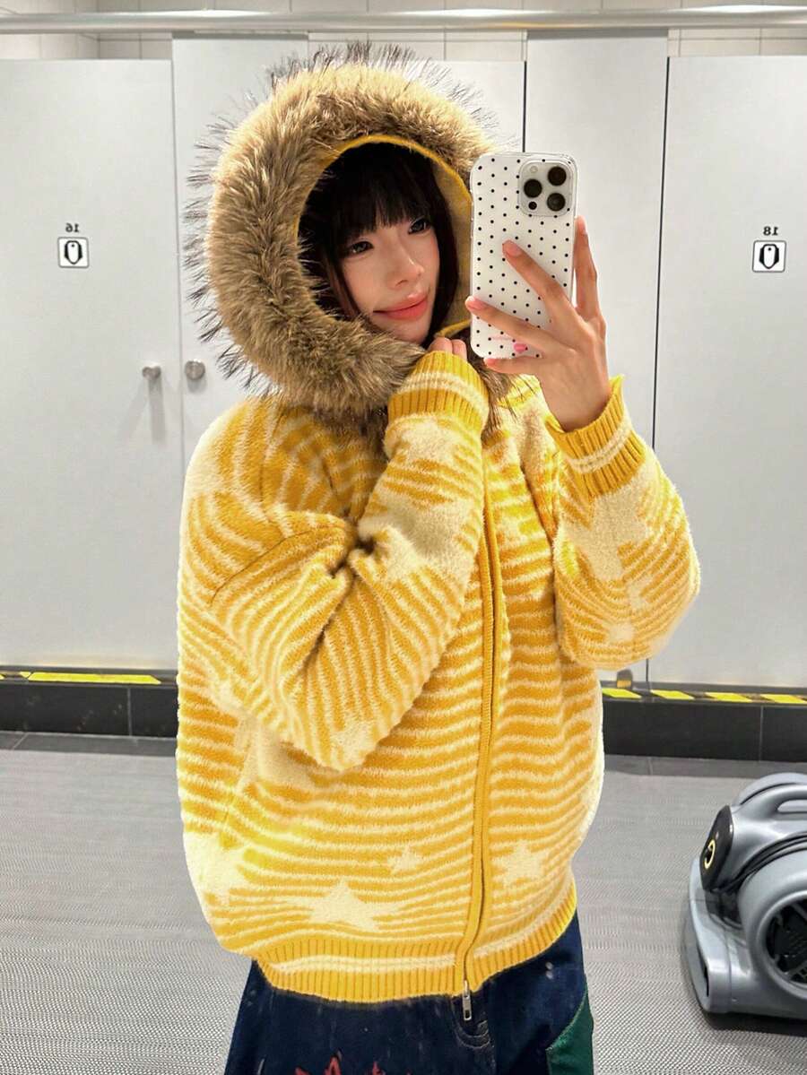 Women's American Retro Striped Star Pattern Oversized Fur Collar Hooded Cardigan Sweater, Thick Autumn/Winter Coat - Yellow - View 1