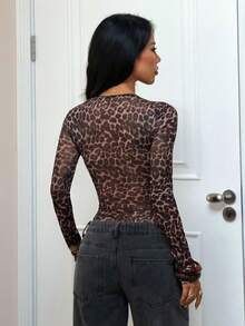 Women's Leopard Print Long Sleeve Bodysuit, Semi-Sheer Knit High Elastic V-Neck Top, Fashionable And Versatile - Black - View 4