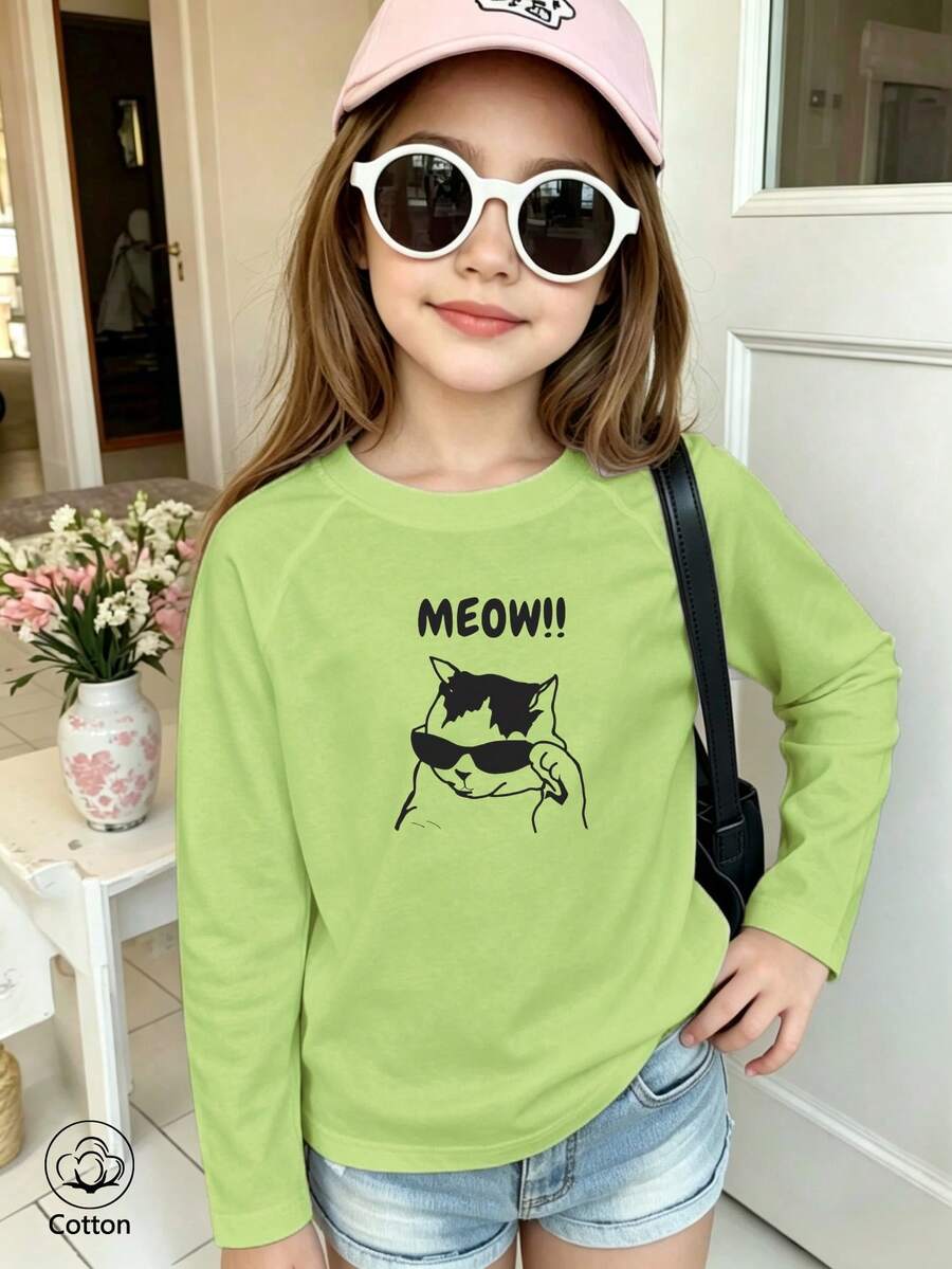 Barnkläder med MEOW!!-text och kattprint med solglasögon - Fruktgrön - Visa 1