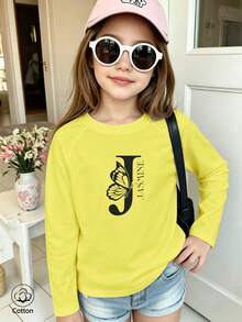 Tween Girl Letter J & Butterfly Print Long Sleeve T-Shirt - Bright Yellow - View 11