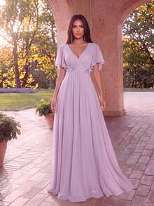 EVERPRETTY V-Neck Embroidered Ruffle Sleeve Pleated Chiffon Bridesmaid Dress, Formal Dress, Wedding Guest Dress Spring - Mauve Purple - View 2