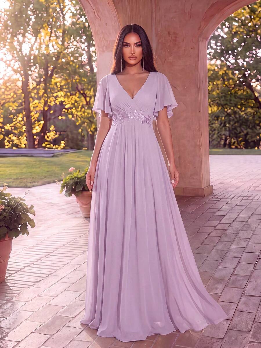 EVERPRETTY V-Neck Embroidered Ruffle Sleeve Pleated Chiffon Bridesmaid Dress, Formal Dress, Wedding Guest Dress Spring