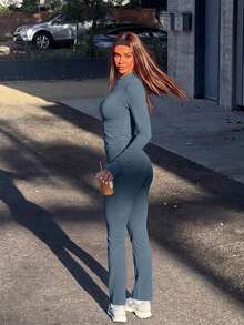 Women's Autumn Fashion Solid-Color Slim-Fit Crop Top And Flared Pants Athleisure Set – Suitable For Fitness, Casual Outings, Yoga, And Halloween. - Green - View 6