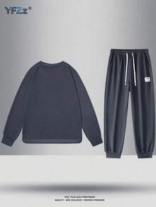 Men's Spring Minimalist Fashion Solid Color Versatile Comfortable Soft Skin-Friendly Outdoor Casual Crew Neck Pullover Sweatshirt And Drawstring Elastic Waist Long Pants Set - Dark Grey - View 2