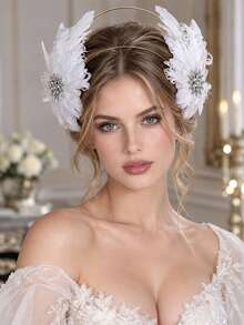 White Feather Double Gold Halo Headband, Sparkling Rhinestone Star Bridal Hair Accessory, Elegant Wedding Headband For Women, Suitable For Party, Ball, Pageant - White - View 9