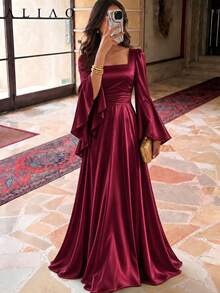 ALIAO Vestido Maxi de Satén Sólido con Cuello en U, Espalda Descubierta, Mangas Acampanadas y Corte A para Otoño e Invierno, Elegante para Boda, Vacaciones, Citas y Fiestas - Burdeos - Ver 5