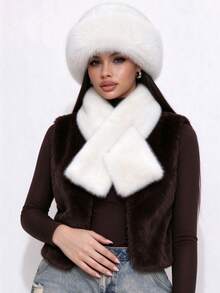 2pcs/Set Women's Solid Color Warm Scarf + Hat Set, Thickened Fleece Earflap Hat And Cross-Neck Scarf For Autumn/Winter - Multicolor - View 3