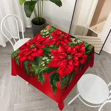 1pc Christmas Poinsettia Floral Holiday Print Tablecloth, Woven Polyester Square And Rectangular Tablecloth, Suitable For Home, Kitchen Decor, Holiday Party, Camping - Machine Woven - Multicolor - View 9