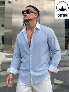 WAIT HIM Men's Business Style Premium Color-Block Striped Dress Shirt Made Of Traceable Cotton - Blue and White - View 4