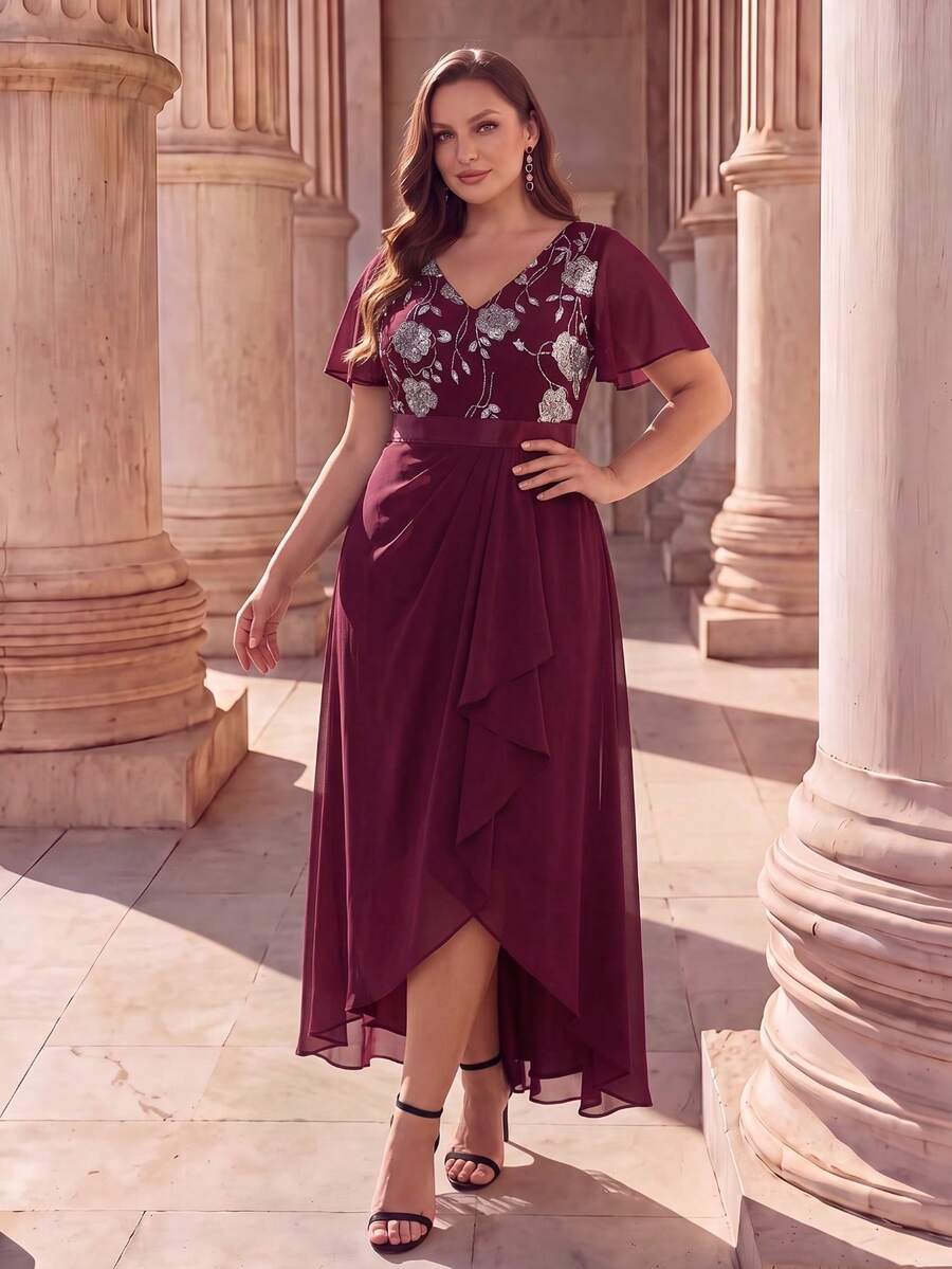 Plus Size Autumn Elegant V-Neck Sequin Chiffon Patchwork Asymmetric Ruffle Hem Burgundy Formal Bridesmaid/Mother Of The Bride Wedding Dress - Burgundy - View 1