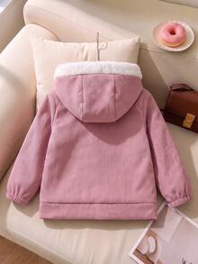 Baby Girl Hooded Zipper Jacket With Bow Embroidery, Piped Pockets, Outerwear Top, Autumn/Winter - Pink - View 2