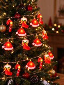 1pc Christmas Mixed String Lights, Featuring Santa Hat, Socks, Candy Cane-Shaped Fairy Lights. Battery-Powered. Suitable For Indoor Holiday Party Decoration And Christmas Tree Fireplace Decoration. - Mixed - View 2