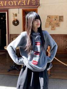 Y6Y Contrast Gray Ribbon Design 2026 Autumn/Winter New College Style Soft Fluffy Youthful Loose Knit Long Sleeve Women's Sweater - Grey - View 4
